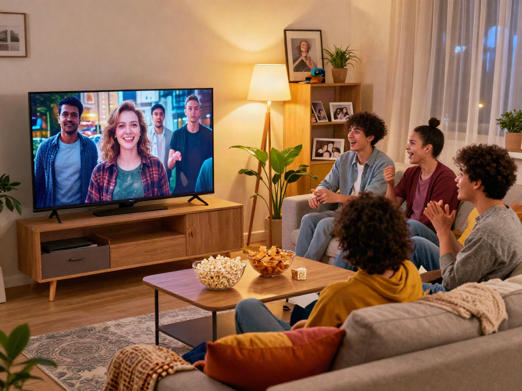 Friends enjoying a movie night using Pikashow to pick a show and watch together.