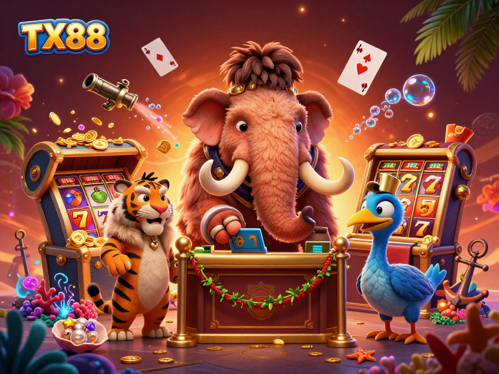 Experience thrilling gameplay with TX88, featuring vibrant slots and animated characters in a bustling casino scene.