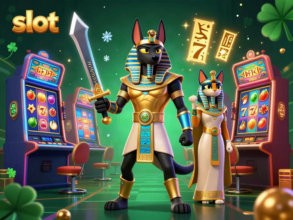 Win big with slot machines in a vibrant 3D casino scene featuring Anubis and Bastet.