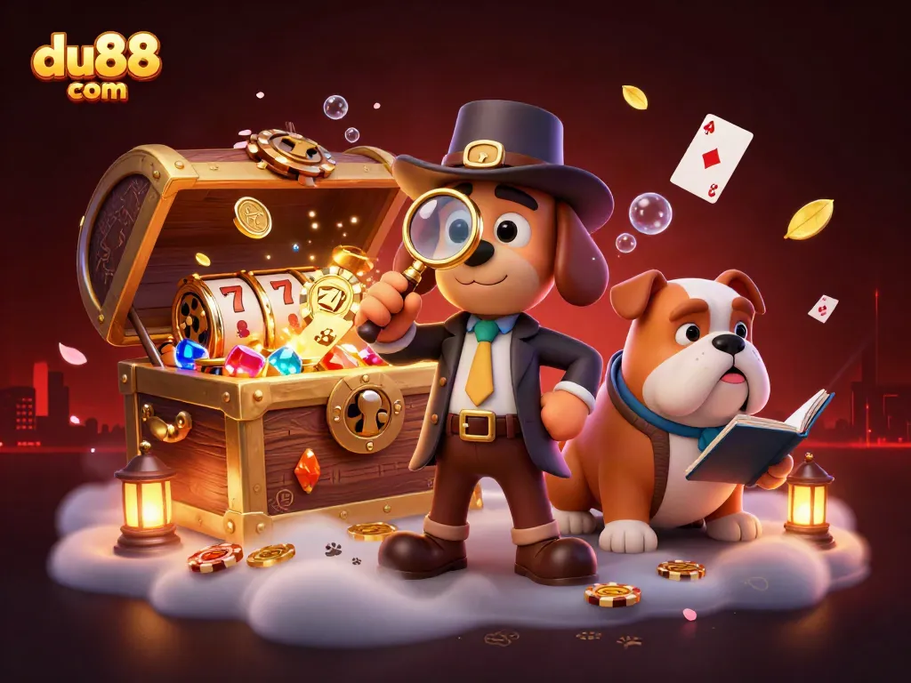 Engage with du88 com by discovering treasures at a vibrant online casino with a cartoon detective scene.