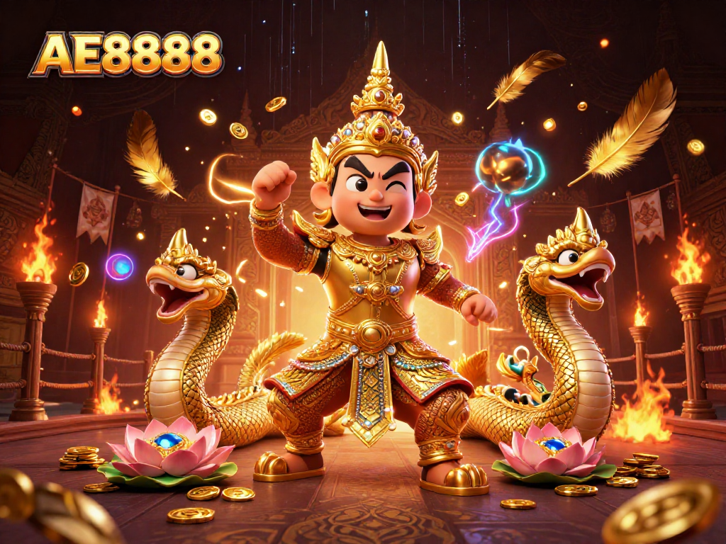 Experience exciting gameplay with AE8888, featuring magical guardians and treasure in a vibrant scene.