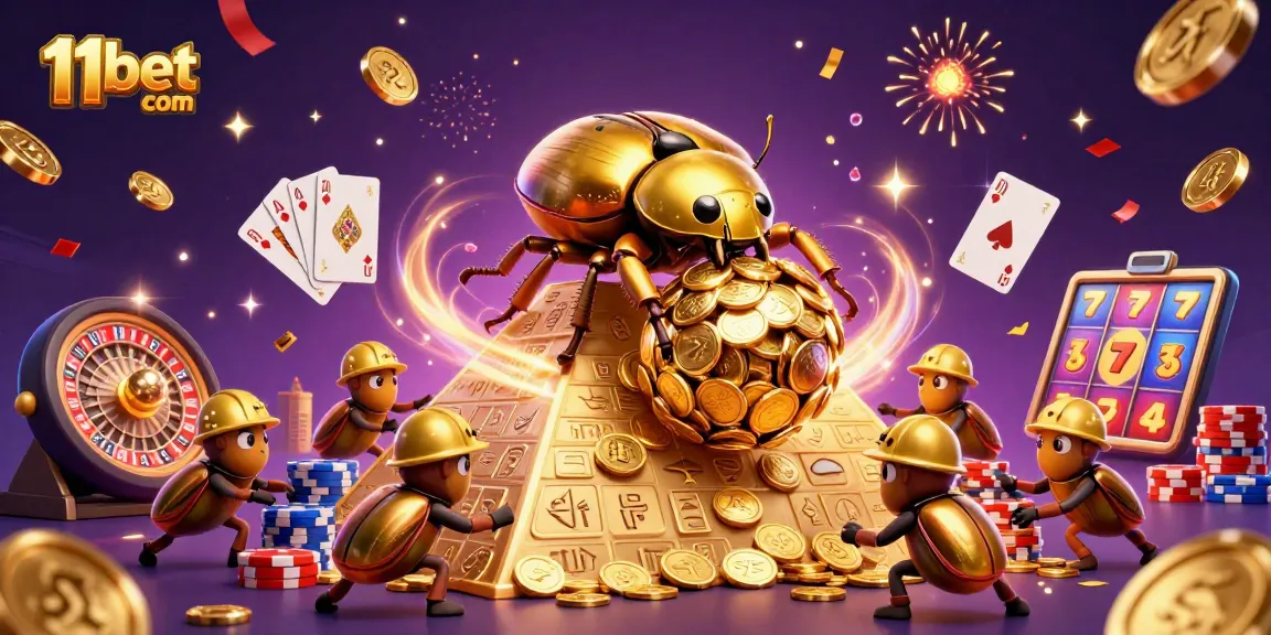 Experience the thrill at 11bet com with golden beetles and cascading casino elements.
