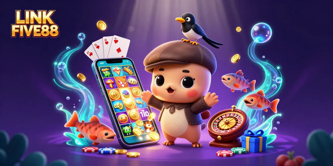 Engage with LINK FIVE88's vibrant casino world featuring Nessie, magpie, and slot games!
