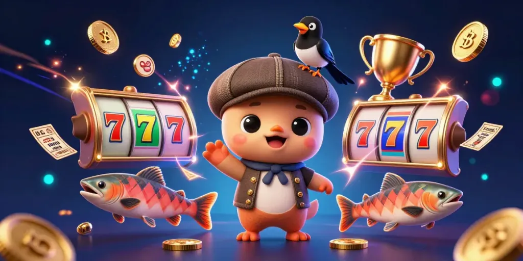 Experience excitement with nbet's vibrant casino-themed illustration featuring Nessie and a gold-obsessed magpie.
