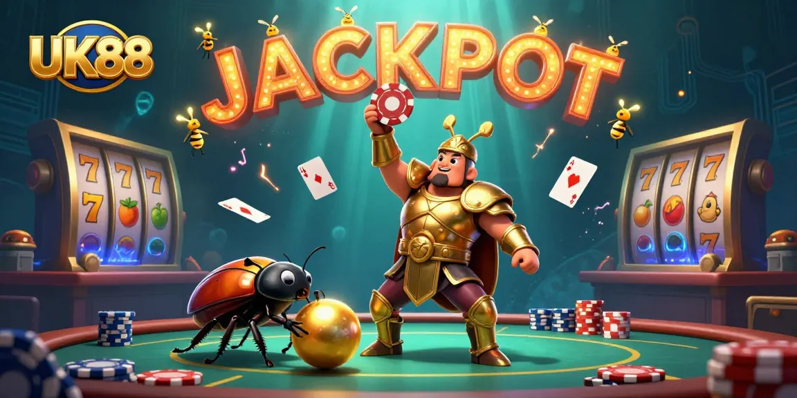 Engage with UK88's thrilling poker scene featuring a victorious beetle with poker elements.