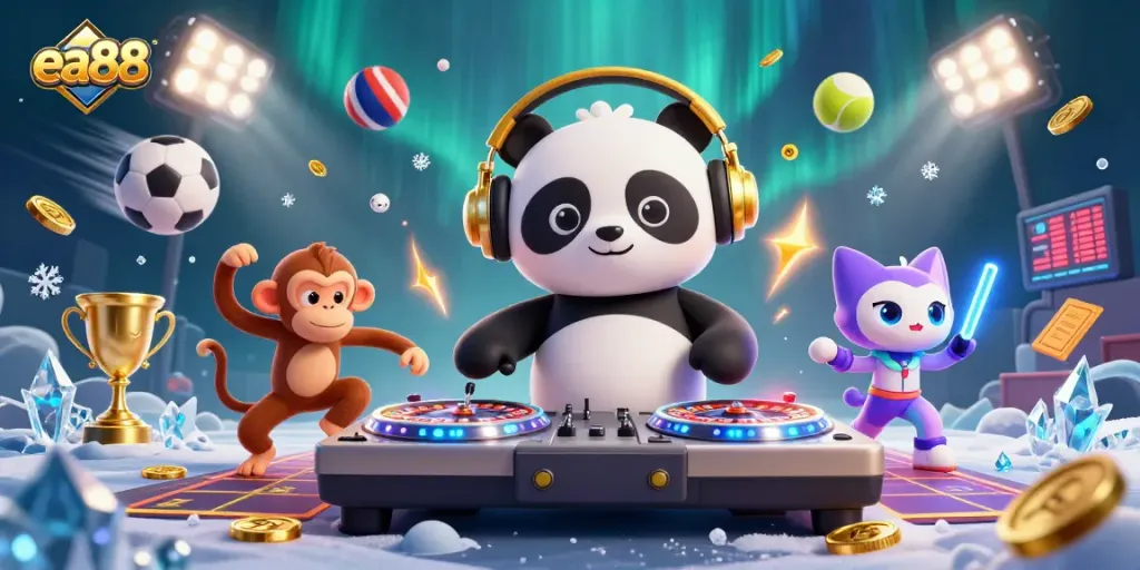Engage with the vibrant ea88 casino experience featuring a DJ panda, breakdancing monkey, and glowing kitten.