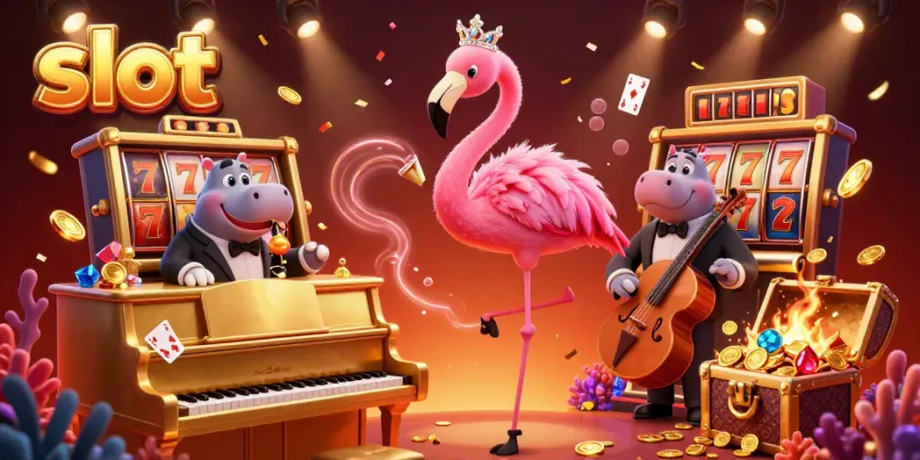 Experience the thrill of slot games in this vibrant 3D casino scene featuring a lively flamingo singer and hippo bassist.