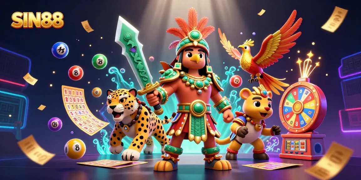SIN88 features thrilling lottery elements with an Aztec warrior and jaguar amidst a vibrant background