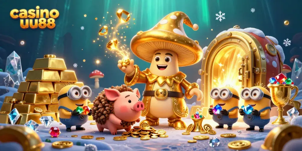 Experience exhilarating magic at casino uu88 with a golden mushroom wizard and treasure-filled scene.