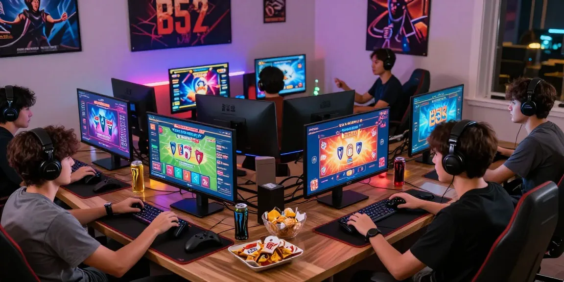Gamers immersed in B52 gaming platform at home with vibrant screens, showcasing excitement and engagement.