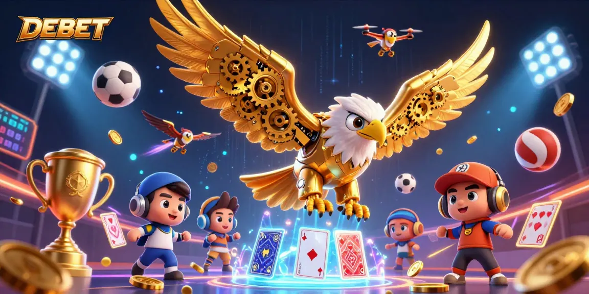 DEBET showcases dynamic sports betting action with a 3D cybernetic eagle amidst colorful gaming elements.