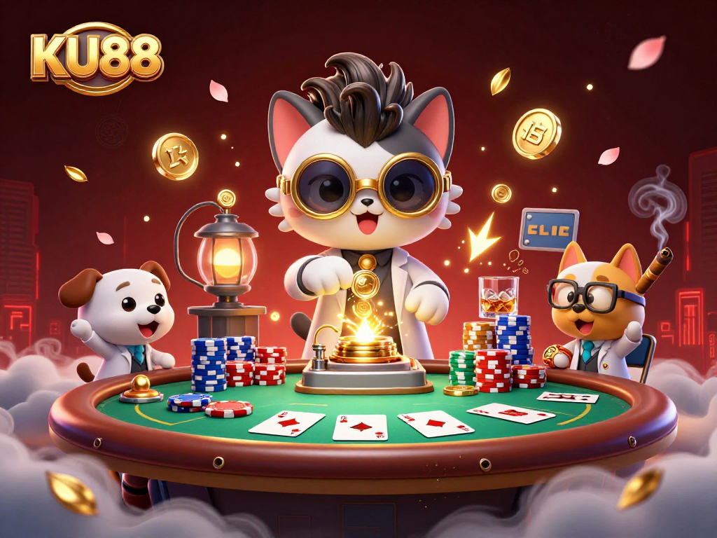 KU88 highlights a dynamic casino scene with a mad scientist cat and lab assistant dog.