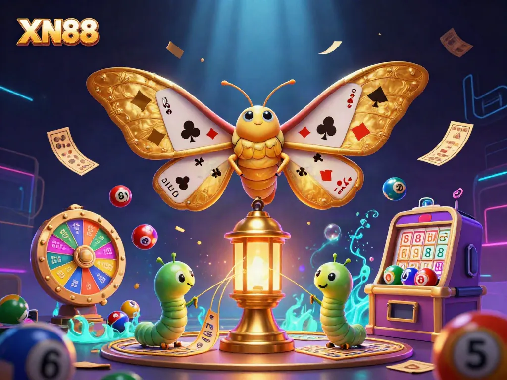 Experience the vibrant world of XN88, showcasing a cartoon atlas moth and casino elements in vivid detail.