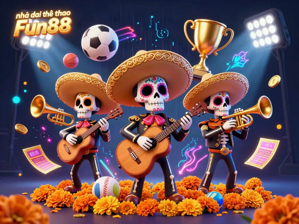 Experience excitement at Nhà cái thể thao Fun88 with dynamic sports elements and vibrant mariachi band illustration.