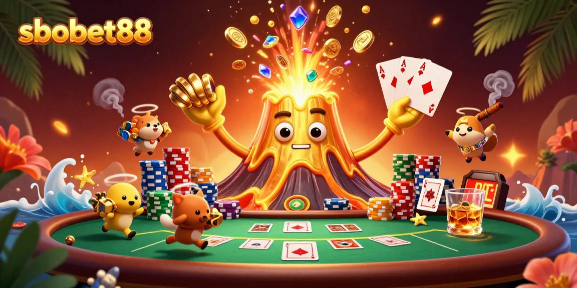 Experience thrilling action with sbobet88 as the golden volcano erupts treasure in a dynamic casino scene.