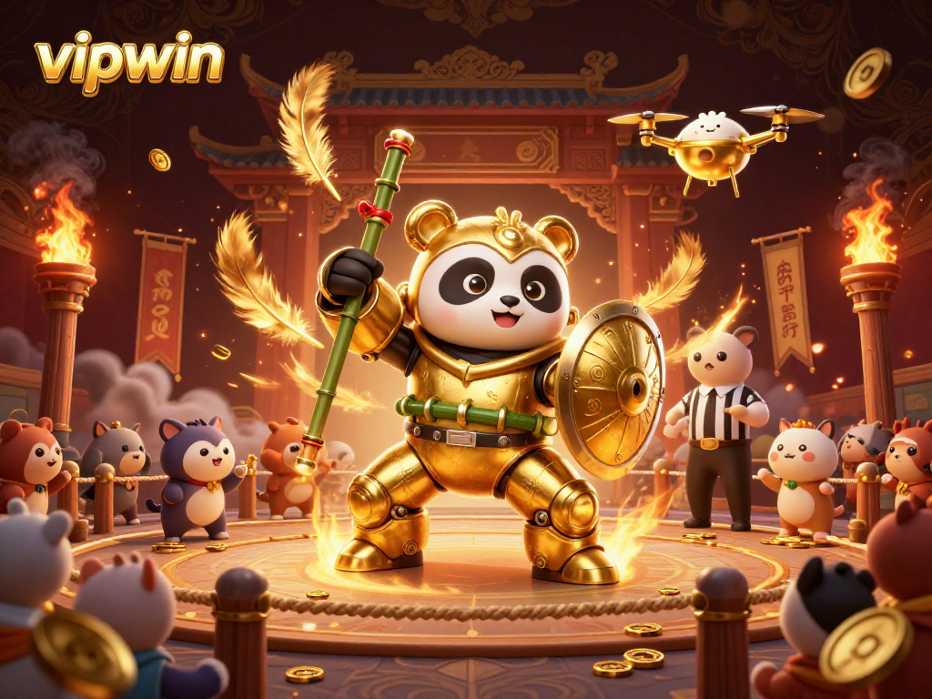 Experience the thrill of vipwin with a golden panda mech in an action-packed casino arena.