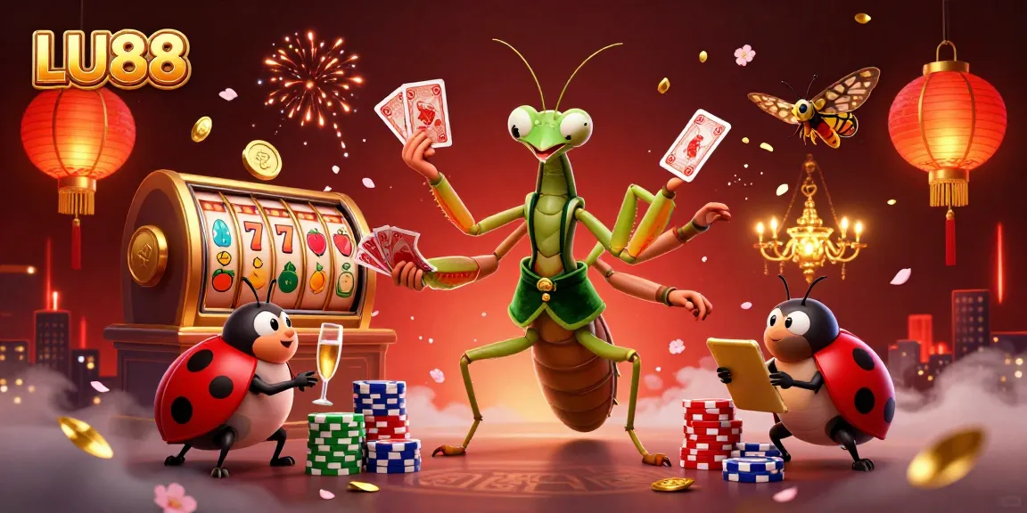 LU88 showcases a vibrant 3D scene of a mantis card sharp and ladybug pit boss amid glowing casino elements.