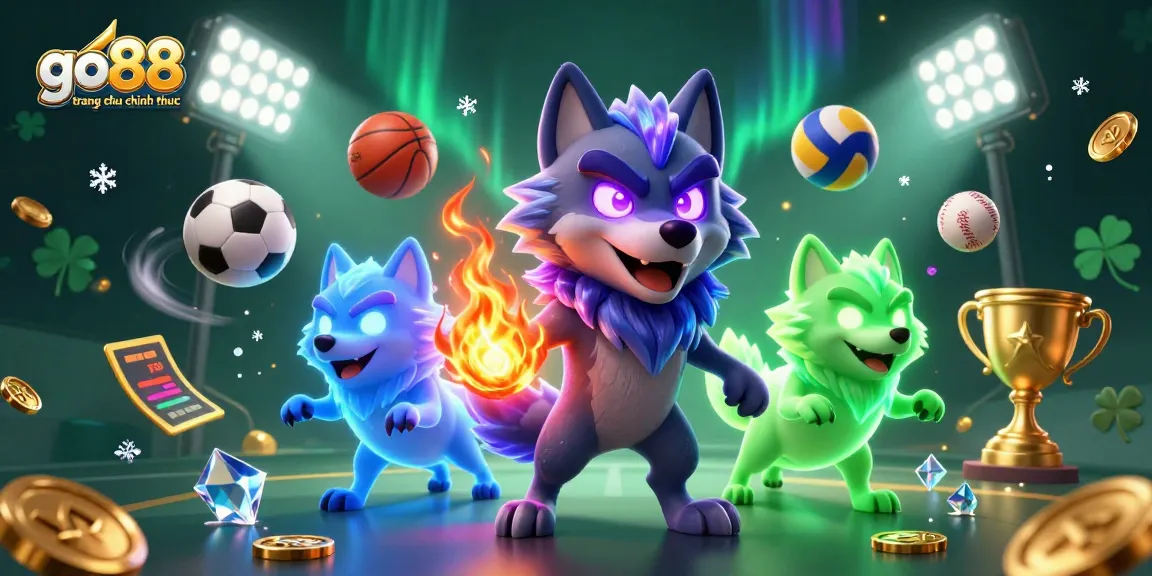 Engage with go88 trang chu chinh thuc featuring a dynamic 3D illustration of wolf characters and sports elements.
