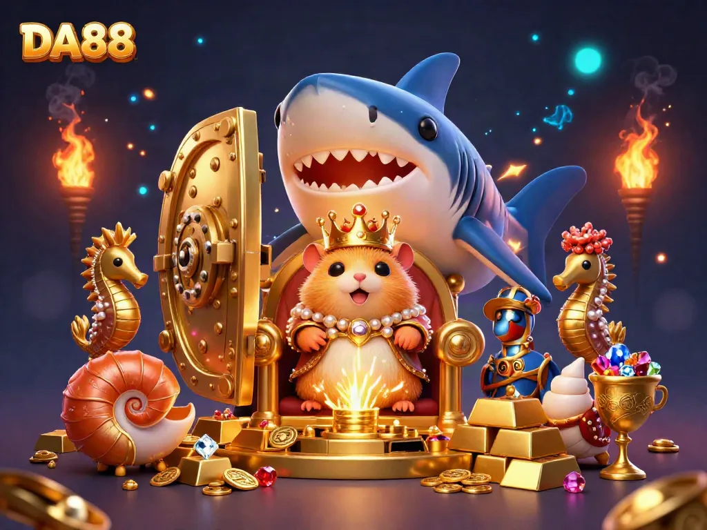 Experience the thrill of DA88 with a golden hamster king atop a megalodon throne in a vibrant casino scene.