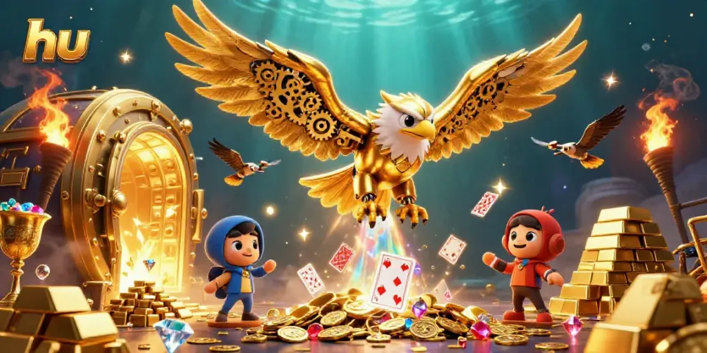 Catch the excitement of hu as a cybernetic golden eagle soars through a treasure-filled casino scene.