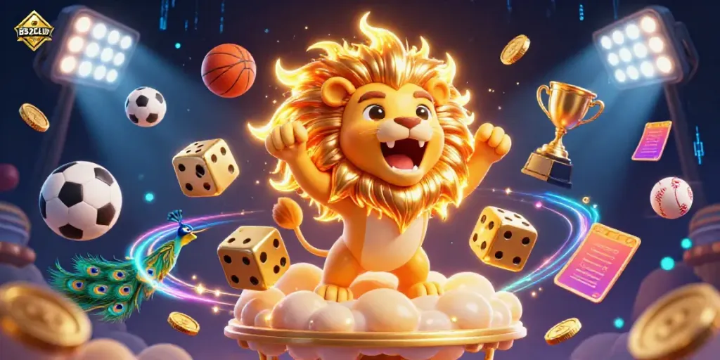 B52CLUB celebrates thrilling gameplay with a lion and dynamic sports elements in an exciting casino scene.
