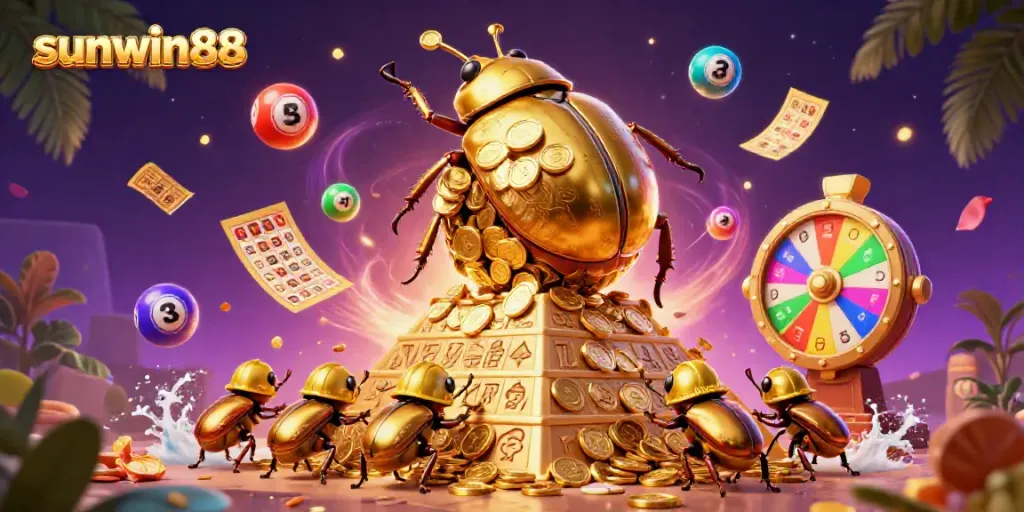 Experience winning adventures at sunwin88 with a golden dung beetle rolling coins in a vibrant casino setting.