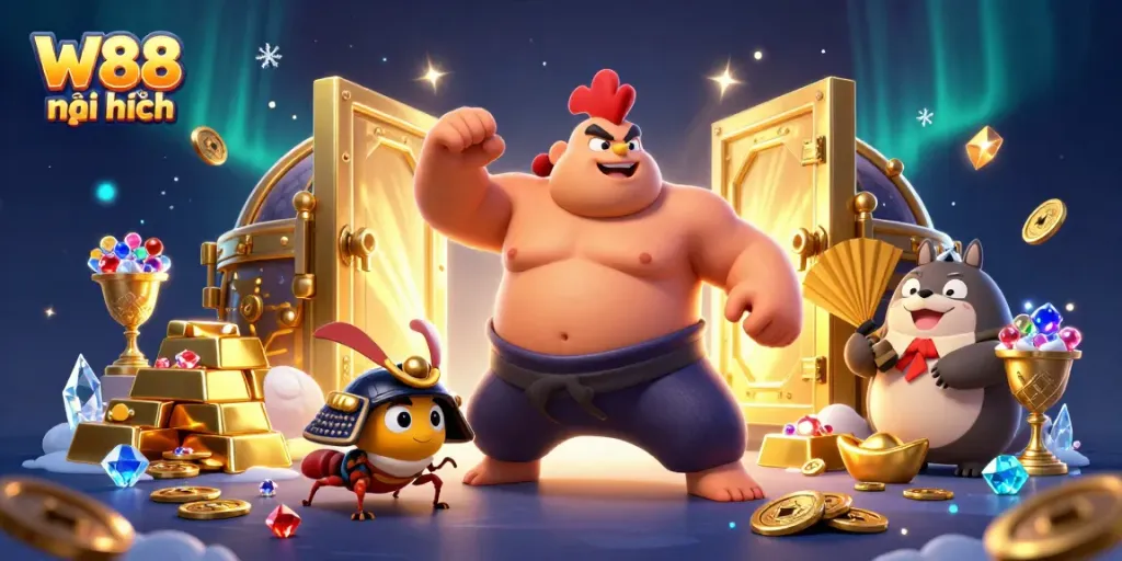 Experience excitement with W88 mới nhất through a dynamic illustration of a powerful sumo rooster, fierce cricket, and tanuki announcer amidst sparkling treasures.