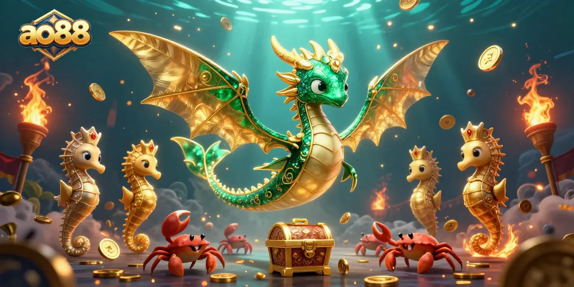 Join ao88's adventure with a majestic sea dragon and treasure chest in this vibrant casino-themed illustration.