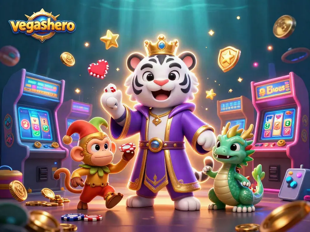 Experience vegashero with a vibrant illustration of a white tiger, monkey, and jade dragon amidst a bustling casino.