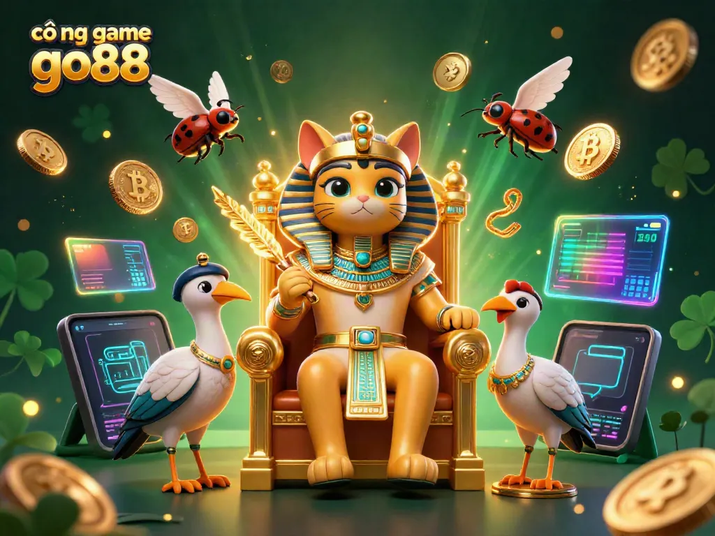 Experience cổng game go88 in a vibrant 3D scene featuring Egyptian pharaoh cat and crypto elements.