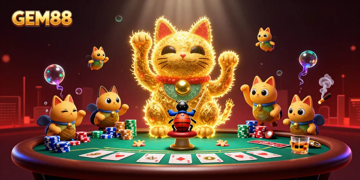 Engage with GEM88's vibrant casino universe featuring a lucky cat and conductor beetle amidst a colorful poker scene.