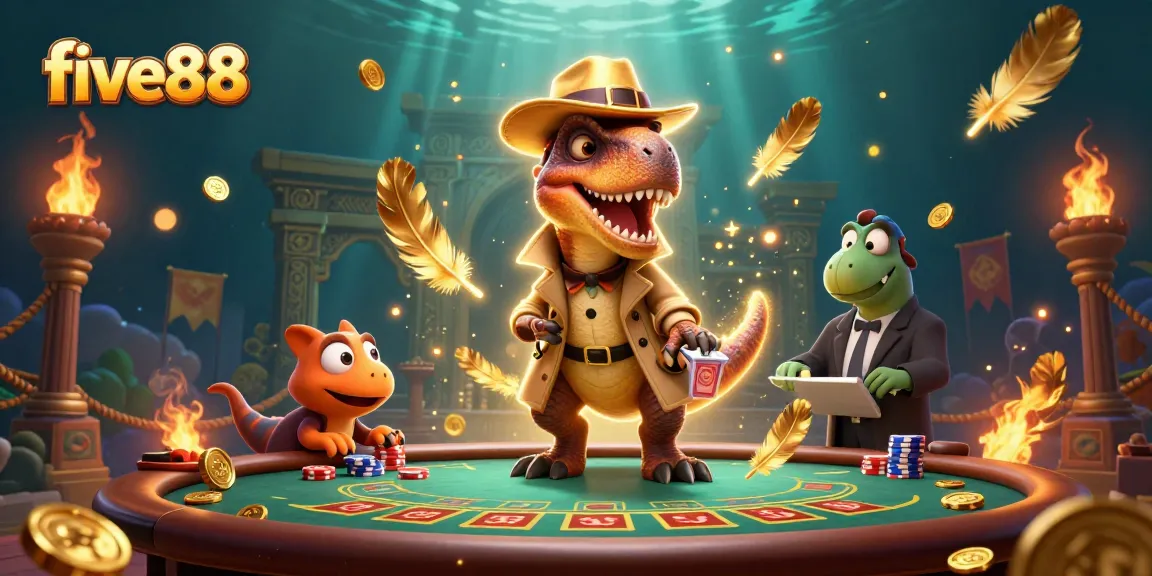Experience the excitement of five88 with a velociraptor card counter at a blackjack table in a vibrant casino scene.