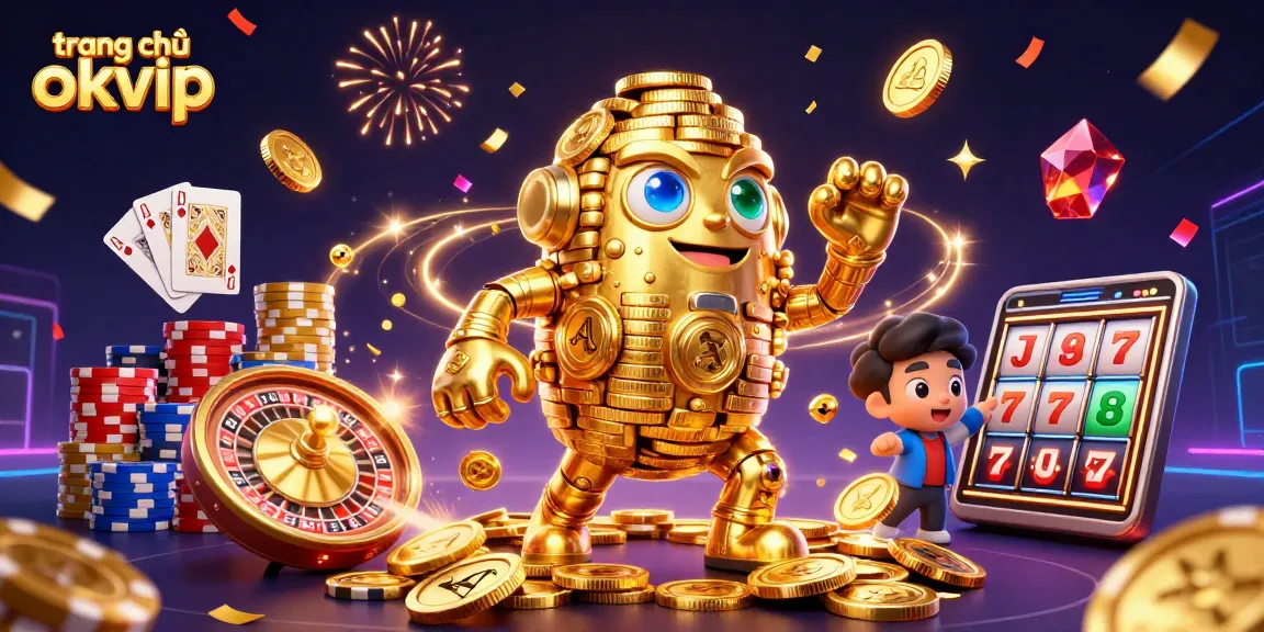 Spin to win at "trang chủ okvip" with vibrant casino action showcasing a golden golem, coins, and cards.