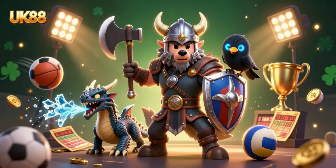 Experience thrilling goals with the UK88 Viking warrior and sports elements in a vibrant 3D scene.