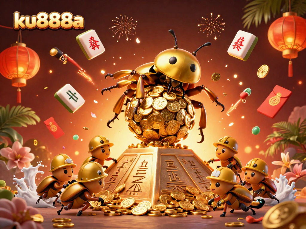 Engage with exciting casino action at ku888a featuring a beetle rolling golden coins.