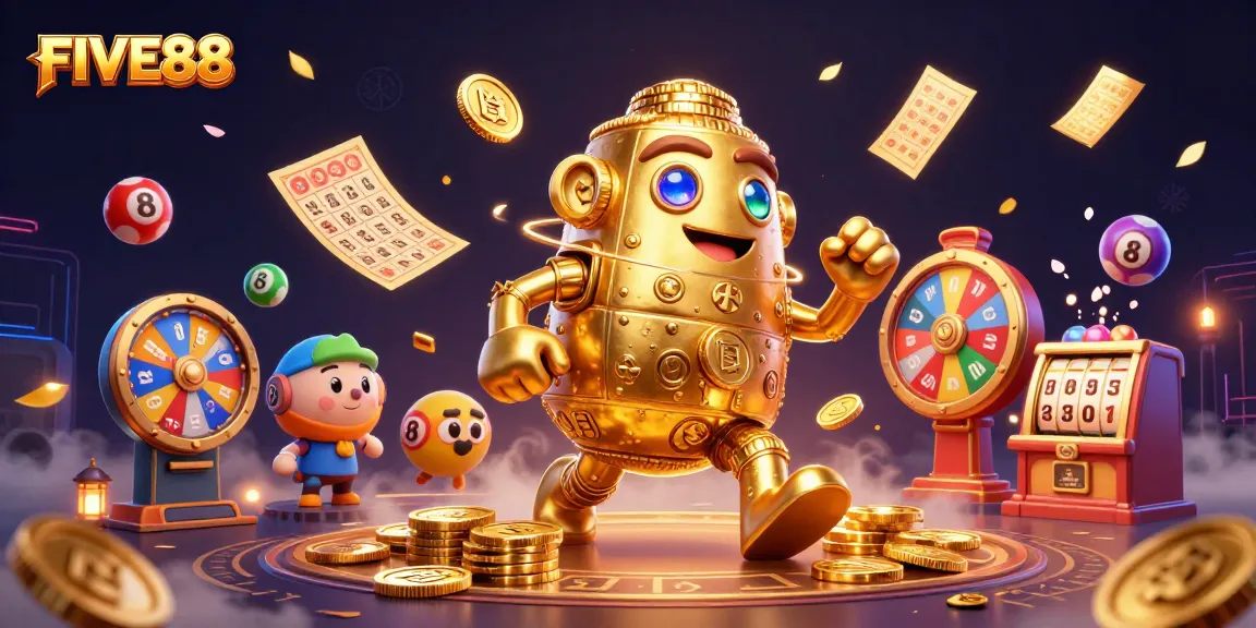 Engage with the thrilling FIVE88 casino experience featuring a vibrant golden golem and dynamic game elements.