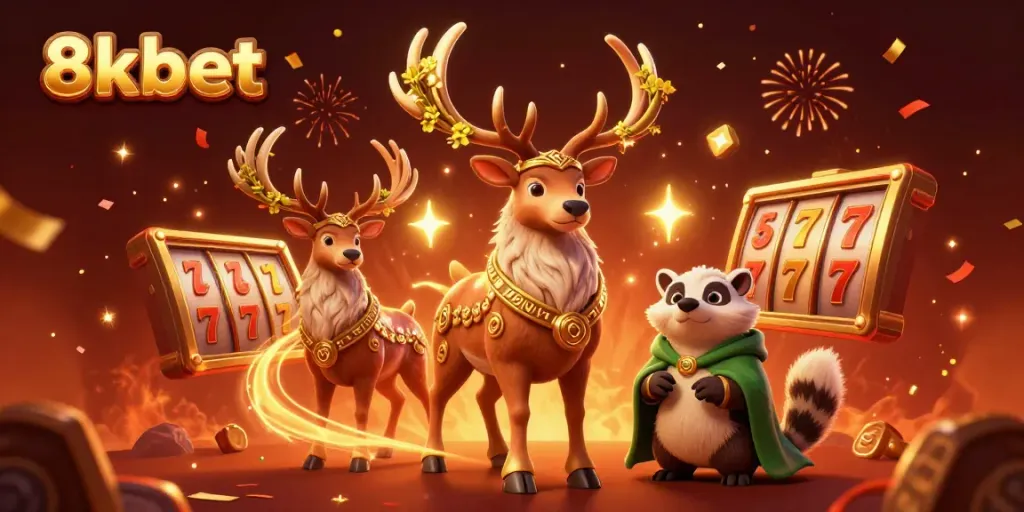 Engage in thrilling gameplay with 8xbet's vibrant 3D casino scene featuring lucky slots and enchanting characters.