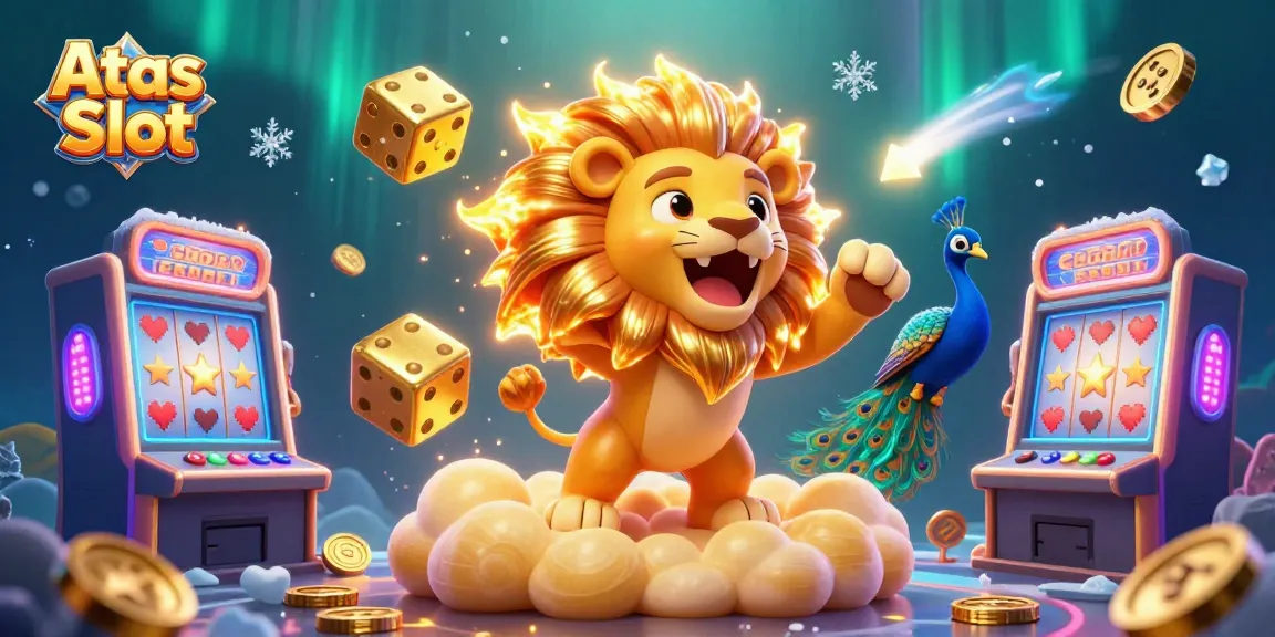 Join the Atas Slot adventure with a roaring lion and golden dice in this vibrant casino-themed scene.