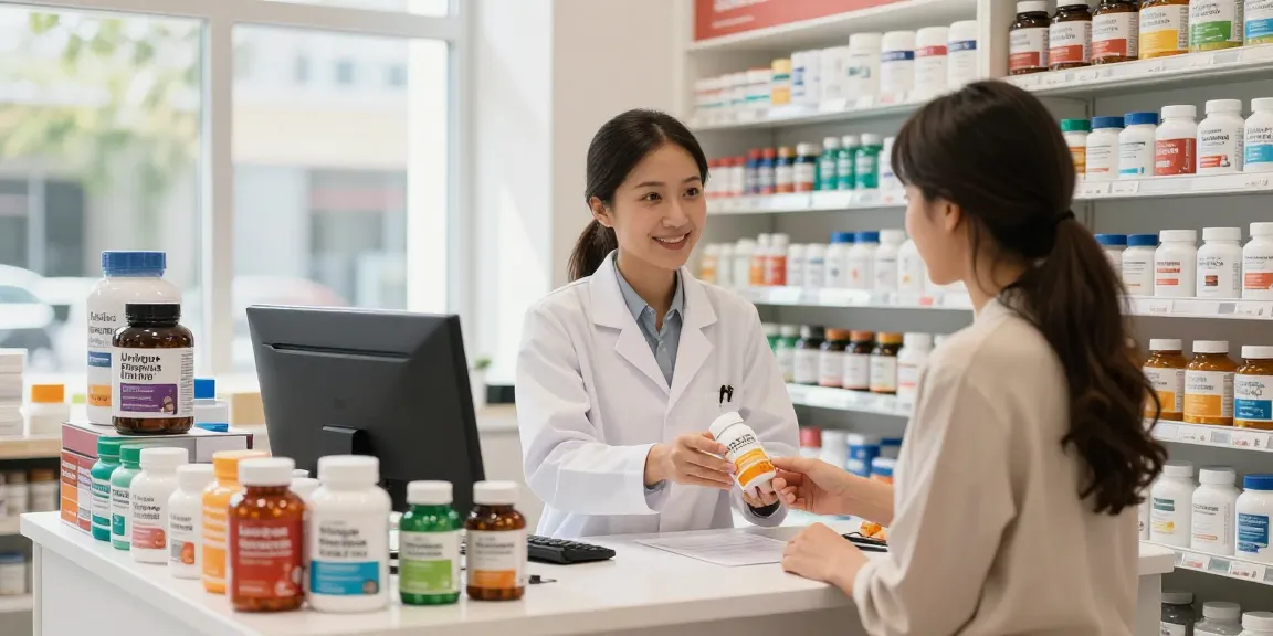 Klantenservice in Unique Pharma Shop met hoogwaardige supplementen in een uitnodigende apotheek.