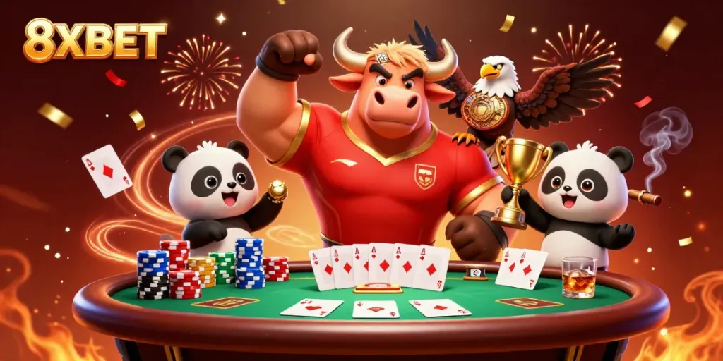Celebrate wins at 8XBET with a vibrant illustration of a bull mascot, eagle, and panda at a dynamic poker game.