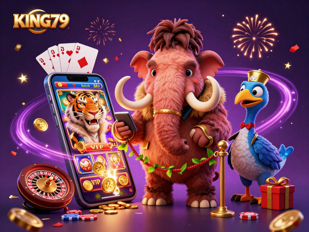 Experience the vibrant excitement of KING79 casino with cartoon characters bustling around dynamic gaming elements.