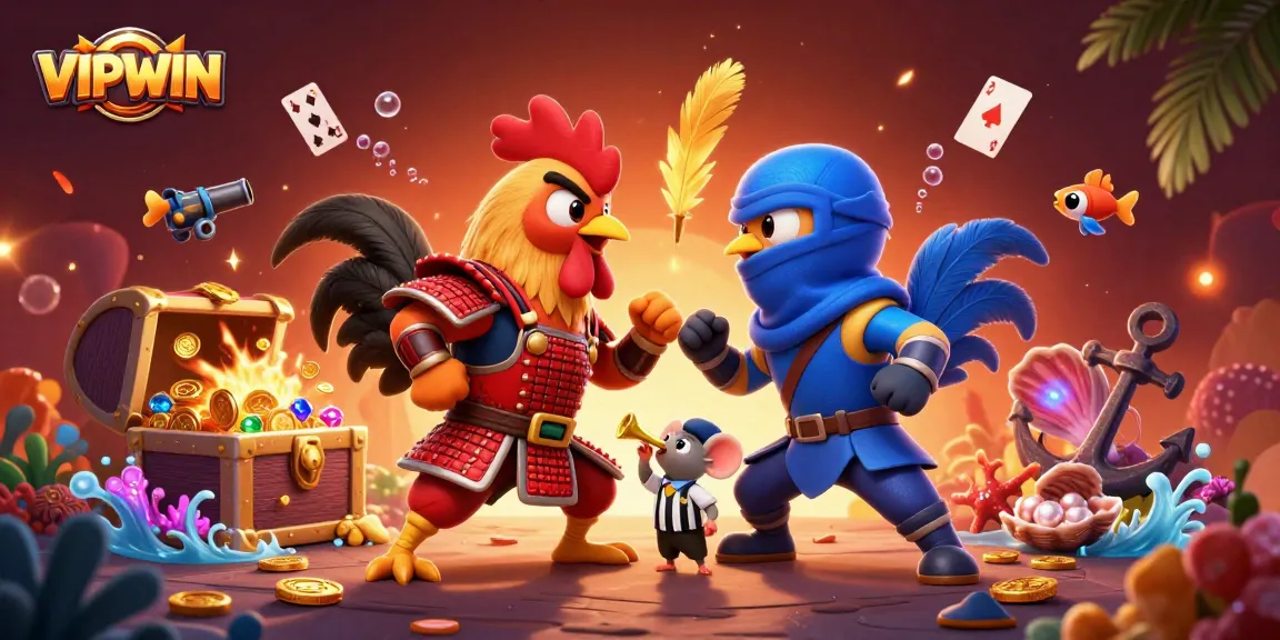 Experience VIPWIN's thrilling gaming adventure with samurai and ninja roosters in a vivid clash.