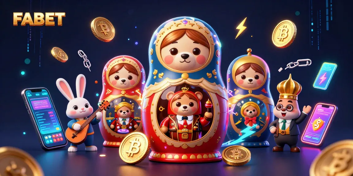 Engage with FABET's vibrant casino scene filled with animated characters and crypto elements.