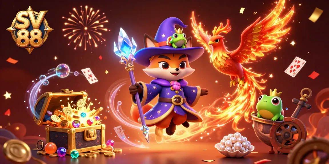 Winning at SV 88 with an enchanting wizard fox and fiery phoenix in a vibrant casino scene.