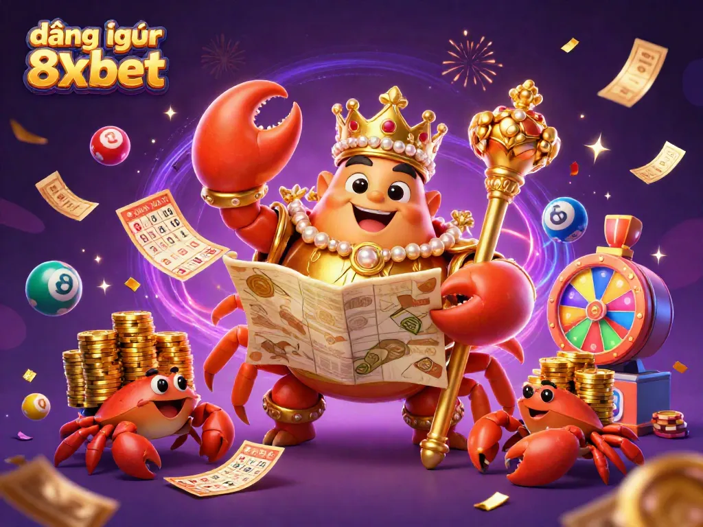 Engage in the excitement of đăng nhập 8xbet with a dynamic scene of a golden crab emperor amidst colorful lottery elements.