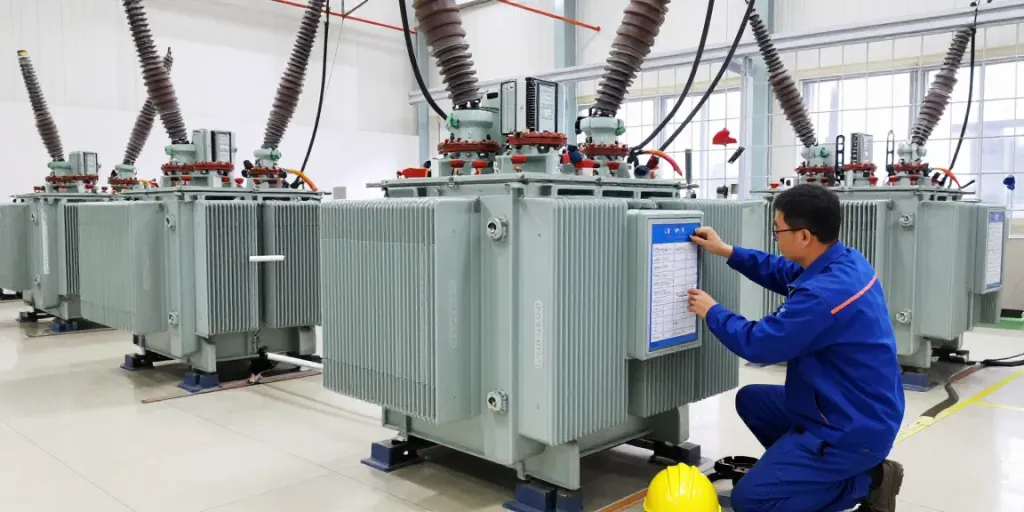 Onderhoudsmonteur controleert een dry-type transformer in een industriële omgeving.