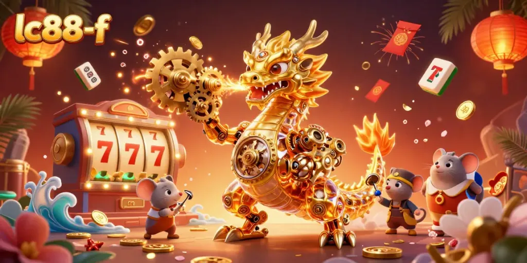 Experience thrilling gameplay with lc88-f's vibrant golden dragon amidst slot reels and festive decorations.