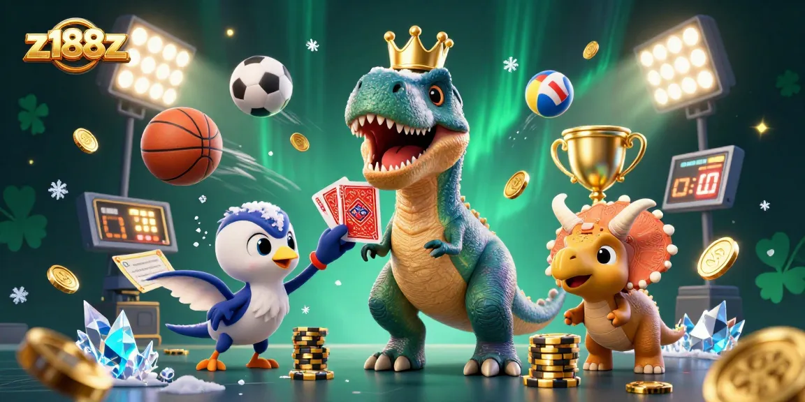 Experience thrilling moments with z188z as a T-Rex shuffles cards amidst flying sports balls and festive casino elements.