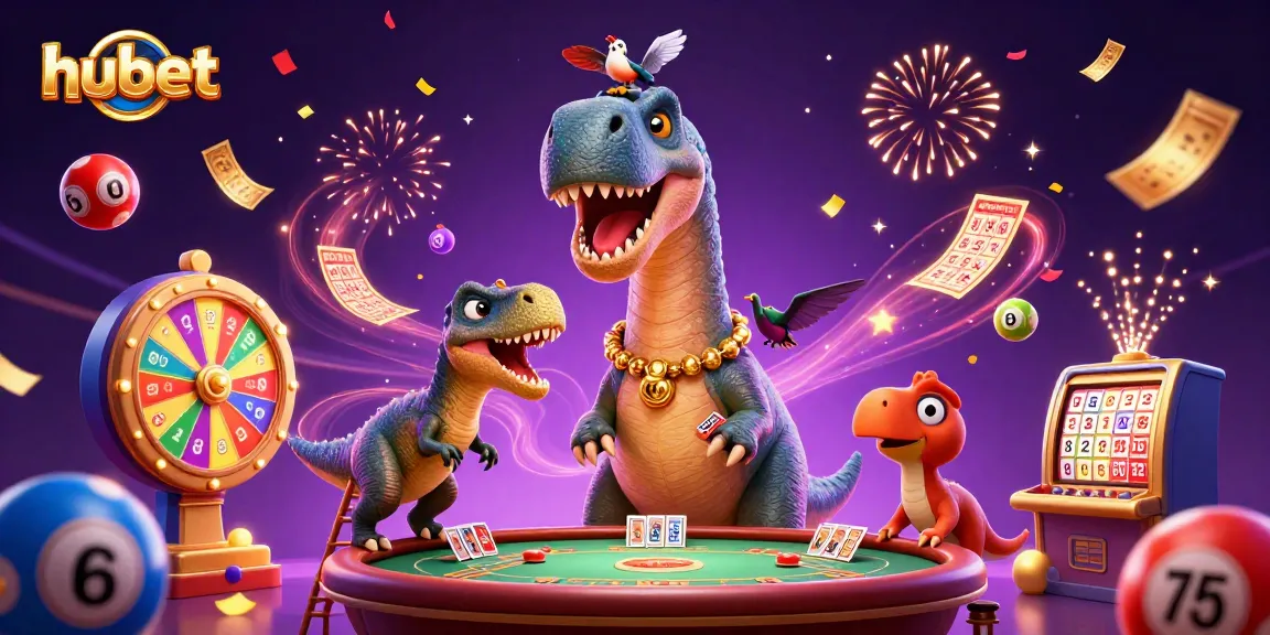 Engage with hubet in a vibrant casino scene featuring a giant brontosaurus and playful raptor.