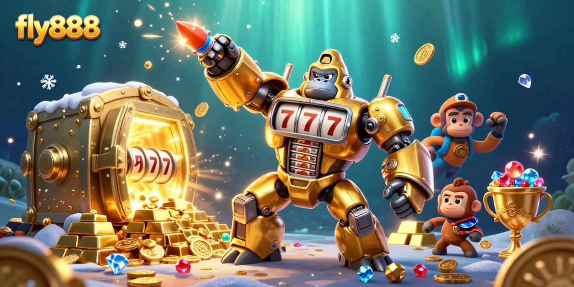 Experience the thrill of fly888 with a vibrant illustration showcasing a golden gorilla mech and treasures.